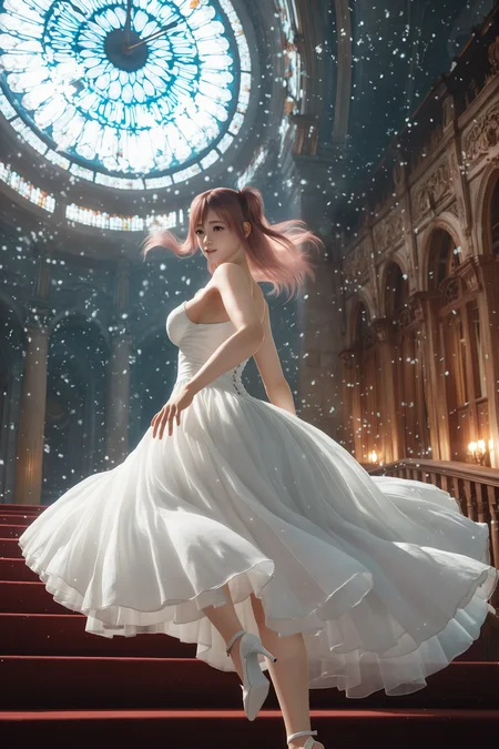 score_9,score_8,score_7_up,best quality,high detailed, realistic, honoka \(doaxvv\), red eyes, pink hair,long hair, one side up, asymmetrical bangs, hair between eyes, sidelocks, windswept hair, running, dynamic_pose, wearing an exquisite sparkling grey ball gown,fading gwon,dropped high heels on foreground, looking back, grand palace staircase,at midnight, shimmering magical particles, from behind,from below,(close up), dramatic moonlit scene, golden palace interiors with towering arches, opulent chandeliers, a sense of urgency as the clock strikes twelve,floating fairy dust, blurred royal guards chasing romantic yet chaotic atmosphere, cinematic lighting, fairytale aesthetic, highly detailed textures, Disney-inspired style, ethereal glow, motion blur on the flowing dress <lora:doa_honoka_pdxl_v11:1.0000000000000002>