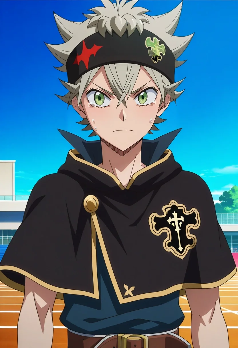 masterpiece, best quality, , anime screencap, , , , 1boy, solo, male focus, <lora:asta_black_clover_ilxl:0.92>, asta_black_clover, grey hair, green eyes, short hair, spiked hair, black headband, black capelet, , upper body, gym, dawn, arm at side, tearing up,