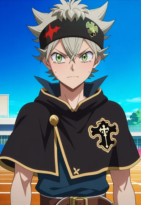 masterpiece, best quality, , anime screencap, , , , 1boy, solo, male focus, <lora:asta_black_clover_ilxl:0.92>, asta_black_clover, grey hair, green eyes, short hair, spiked hair, black headband, black capelet, , upper body, gym, dawn, arm at side, tearing up,