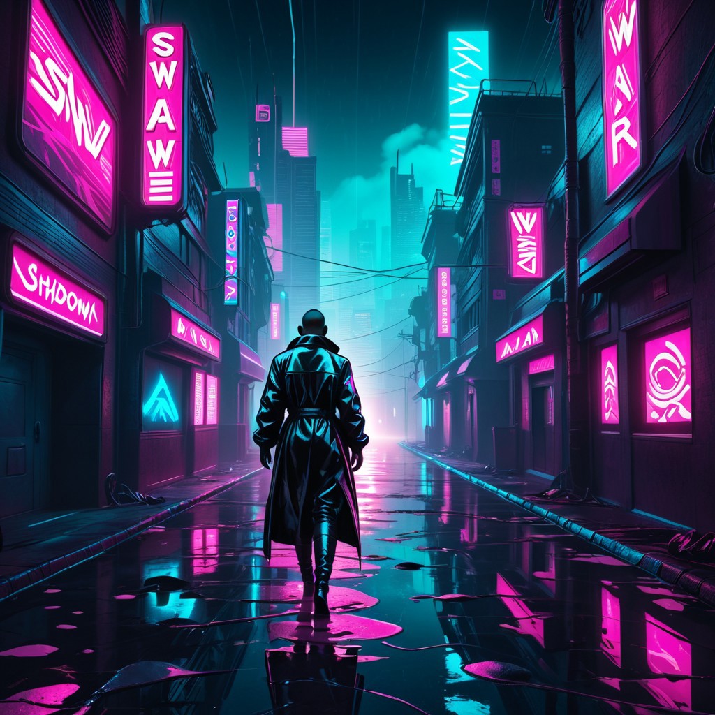 synthwave, laser lights, dark city alleys, glowing puddles, pink and cyan reflections, shadowy figure, ambient fog, futuristic noir, synthworld