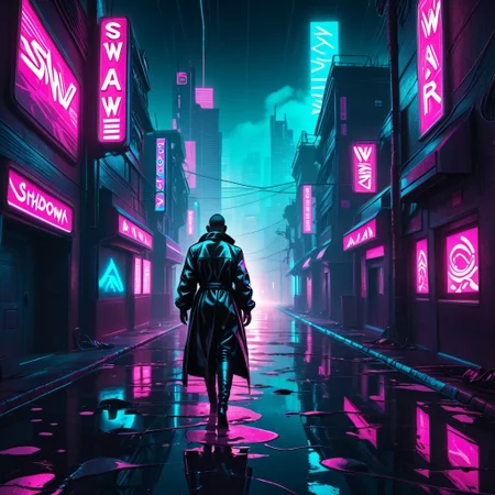 synthwave, laser lights, dark city alleys, glowing puddles, pink and cyan reflections, shadowy figure, ambient fog, futuristic noir, synthworld