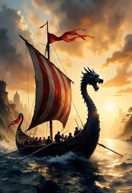 A dinkfsn style ink wash painting, magnificent. viking longships with carved dragon prow, viking rowers, choppy sea, sunset, silhouetted