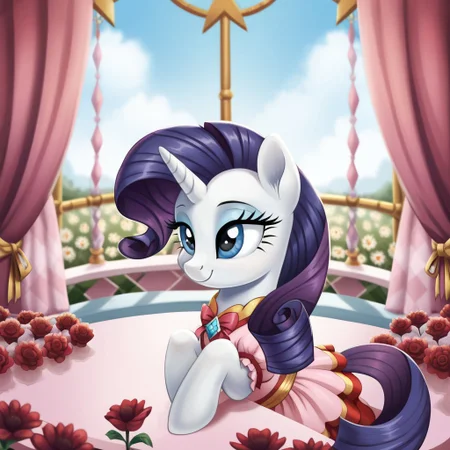 score_9, score_8_up, score_7_up, score_6_up, score_5_up, score_4_up, my little pony, solo, pony, feral pony, rarity, sit, happy, smile, boutique carousel, dresses, glasses, bows, flowers, beautiful, detailed, detailed fur, beautiful, vector, flat colors, (beautiful long eyelashes), ((close-up)), high angle