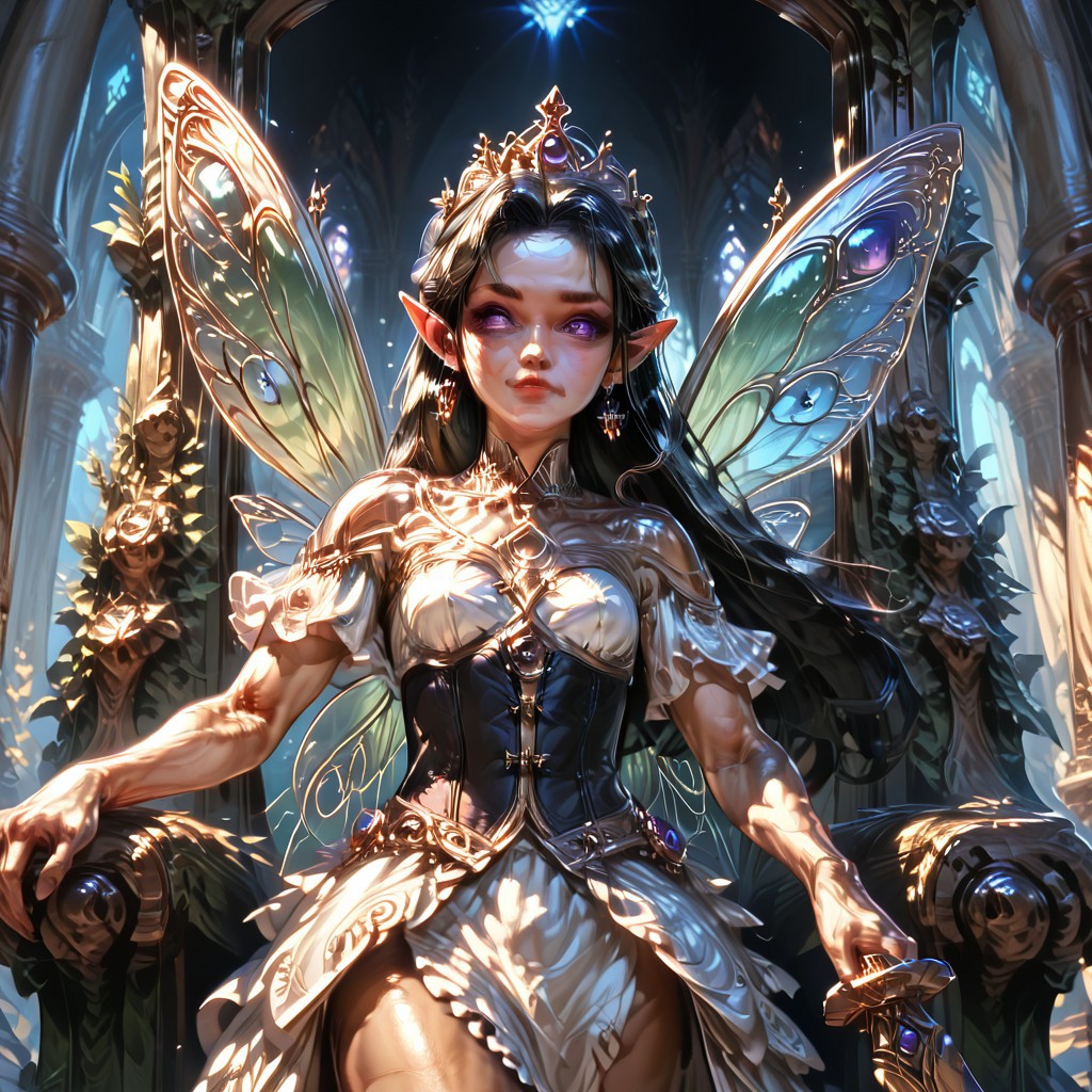 Action scene, detailed, photo realistic, hyper realistic, score_9, rating_safe, solo ((arch fey, violet eyes, (beautiful woman, white underbust corset, skirt, pants, sword belt, and holding a sword), ((bronze metallic gold skin ral-polishedsteel)), ((muscular shoulders, muscular thighs, small petite breasts)), (fairy wings), (long black hair))), (standing next to a multicolored crystal throne, in a detailed throne room filled with treasures, detailed lighting), hi res, hi quality, 4k, concept art, digital art, realistic, detailed background, lens flare, pixel art, piratical beauty, great lighting
