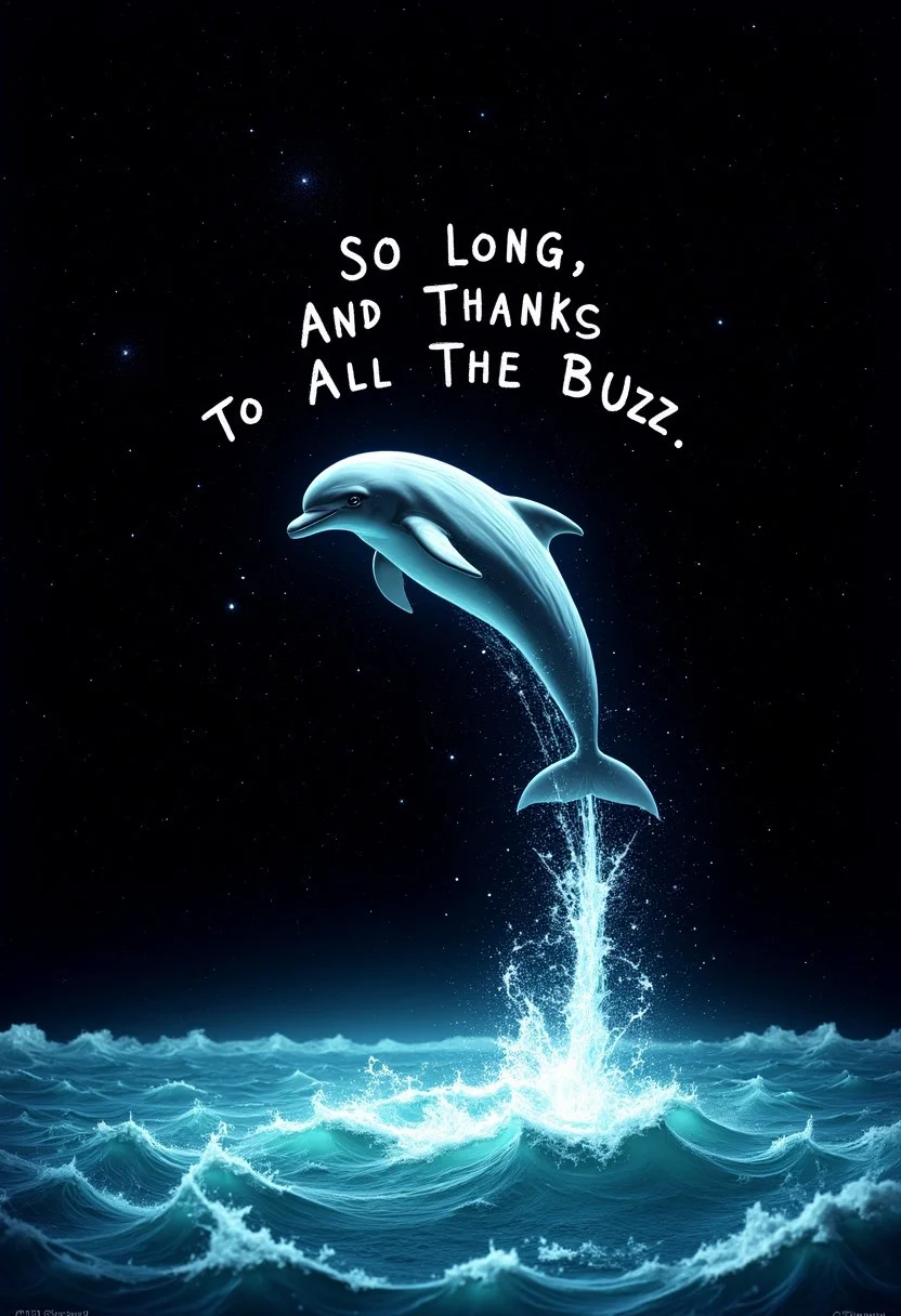 A photograph postcard of a dolphin, leaping from the ocean water into the sky, leaping into space. A black background of stars and nebulae. Printed over the postcard is a text that reads: "SO LONG, AND THANKS FOR ALL THE BUZZ"