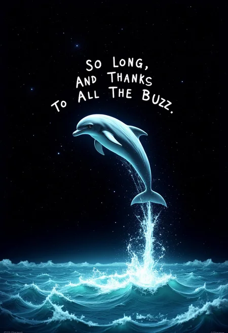 A photograph postcard of a dolphin, leaping from the ocean water into the sky, leaping into space. A black background of stars and nebulae. Printed over the postcard is a text that reads: "SO LONG, AND THANKS FOR ALL THE BUZZ"