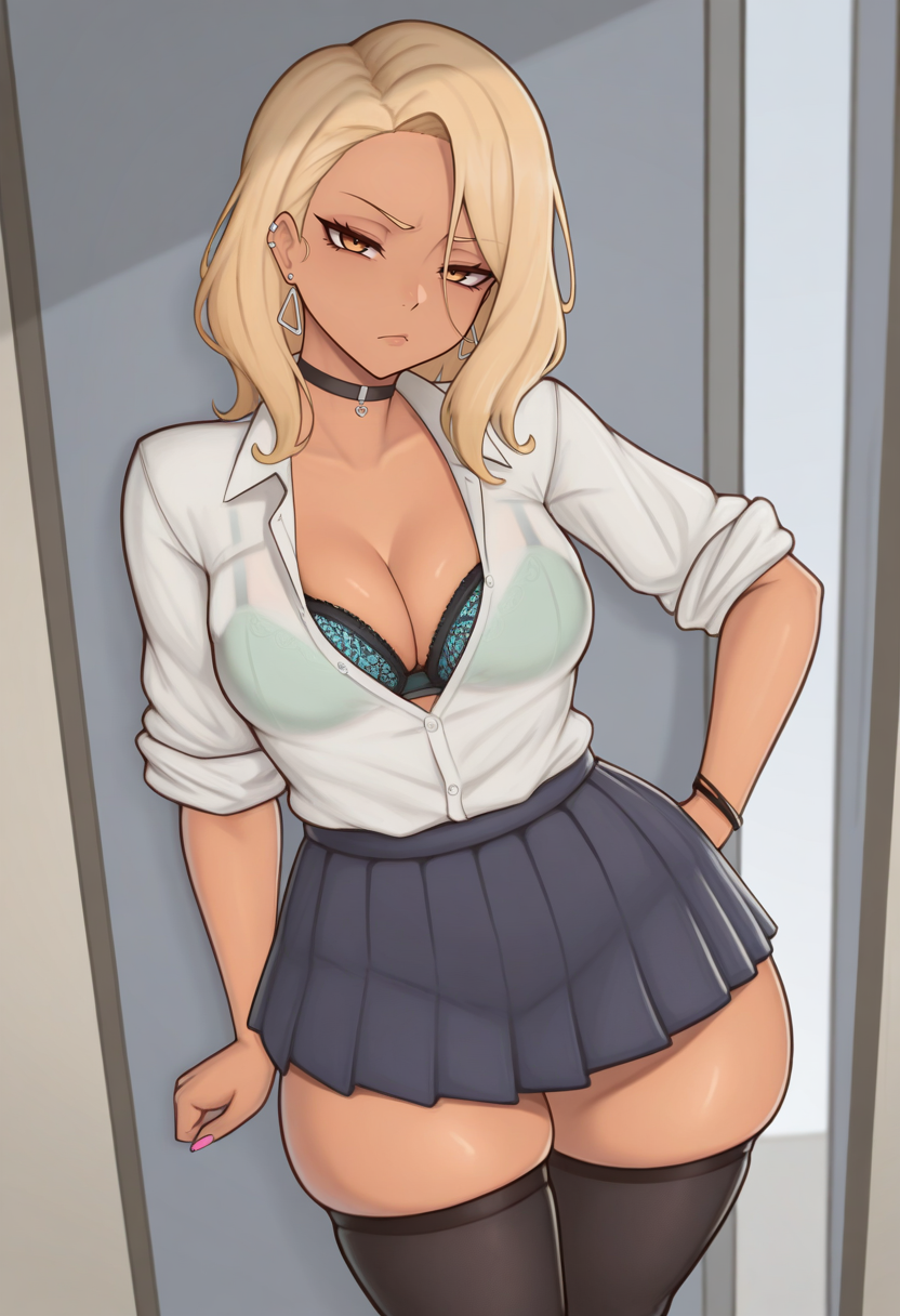 masterpiece, best quality,
 <lora:Shinyglute:1> Sh1n1gl0t3,  1girl, solo,standing, looking at viewer, disdain,blonde hair, medium hair, gyaru, medium breasts,school uniform, skindentation, cleavage, skirt, thighhighs, choker, earrings, sleeves rolled up, underwear, bra,