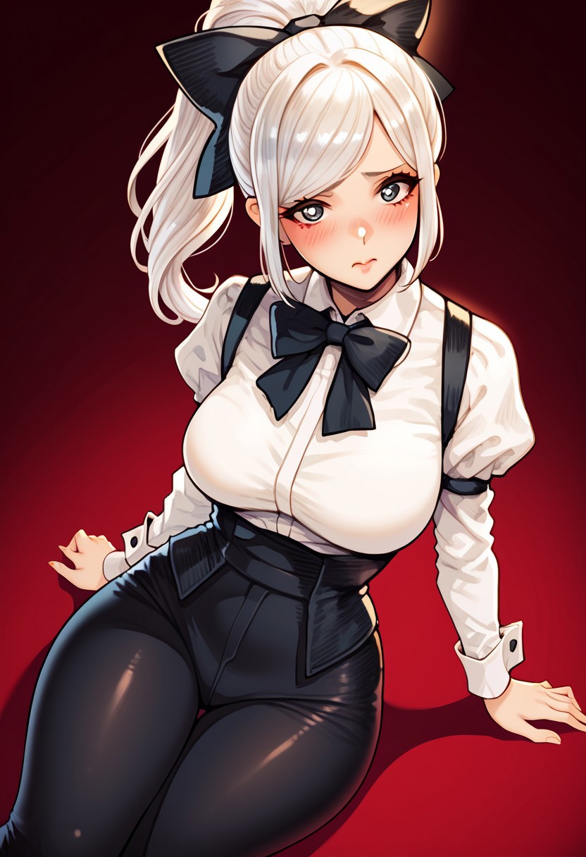 score_9, score_8_up, score_7_up, score_6_up, score_5_up, score_4_up, source_cartoon, <lora:confetti-extract- ponyxl:0.85>, detailed eyes, easynegative, rating_explicit, Expressiveh, 1girl, solo,
Geraldine, shirt, long sleeves, white shirt, white hair, ponytail, sidelocks, thighs, hair bow, collared shirt, pants, puffy sleeves, bowtie, black eyes,  wrist cuffs, black bow, dress shirt, swept bangs, black pants,  high ponytail, juliet sleeves,  black bowtie,  sleeve cuffs, traditional bowtie, necktie, big breasts, blush, shy, magion02