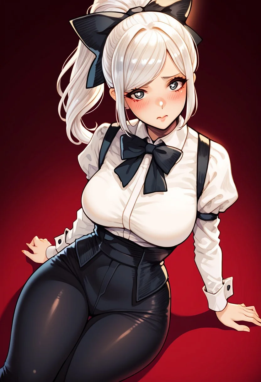 score_9, score_8_up, score_7_up, score_6_up, score_5_up, score_4_up, source_cartoon, <lora:confetti-extract- ponyxl:0.85>, detailed eyes, easynegative, rating_explicit, Expressiveh, 1girl, solo,
Geraldine, shirt, long sleeves, white shirt, white hair, ponytail, sidelocks, thighs, hair bow, collared shirt, pants, puffy sleeves, bowtie, black eyes, wrist cuffs, black bow, dress shirt, swept bangs, black pants, high ponytail, juliet sleeves, black bowtie, sleeve cuffs, traditional bowtie, necktie, big breasts, blush, shy, magion02