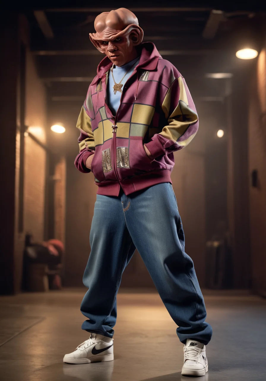 professional photography, raw photo, full body, quark man dress as hip hop gangster, hoodie, baggy jeans, nike shoes, highly intricate, extremely detailed, big depth of field, cinematic lighting, stunning, breathttaking. <lora:Quark-Man-SDXL:1>