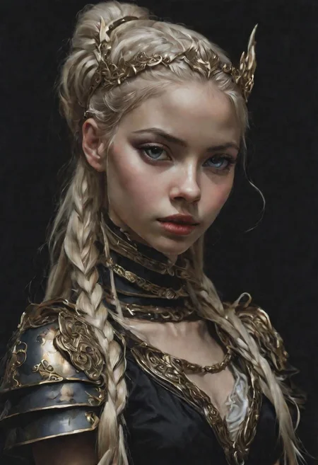 1girl, 25yo,, hyperrealistic, masterpiece, trending on artstation, oil on canvas, baroque, (((black dark background))), baroque plate armor, elf ears, golden circlet,