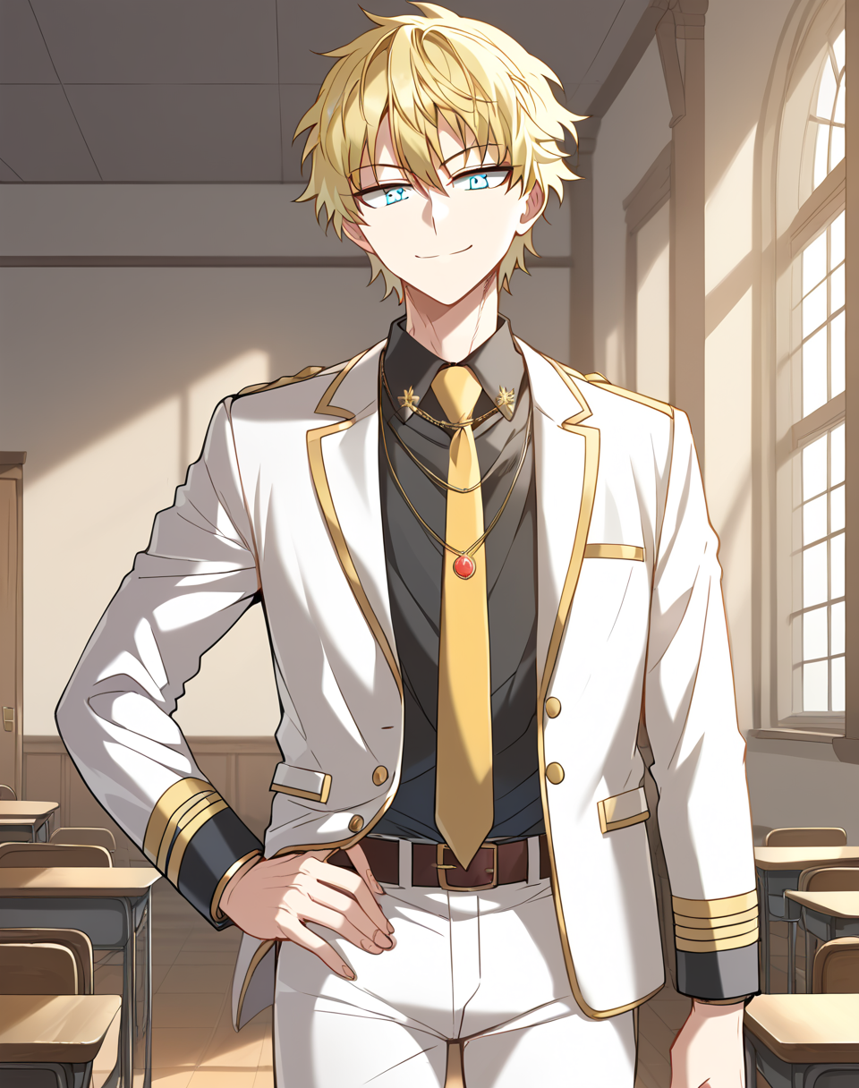 reinhardt_manhwa, short hair, blonde hair, blue eyes, yellow necktie,  belt, white pants, white blazer, academy school uniform, collared blazer, open blazer, necklace BREAK indoors, classroom, medieval BREAK hand on hip, smile, cowboy shot, BREAK score_9, score_8_up, score_7_up, source_anime ,zPDXL,  <lora:Reinhardt__Valier:0.8>