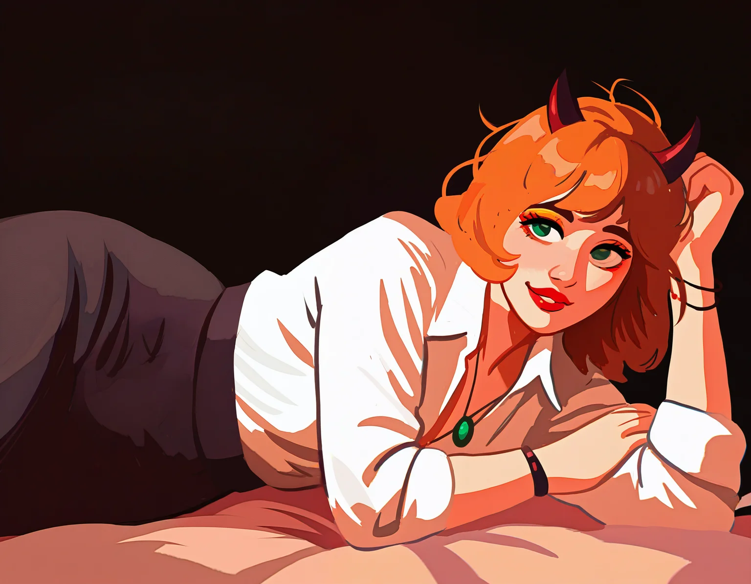 by carl newman, 1girl, original, portrait, sprawled on bed, medium-hair, orange-hair, green-eyes, small-breasts, collared-shirt, long-sleeves, small-horns, brown-horns, makeup, messy-hair, skirt, pendant. bracelet, from-side, masterpiece, best quality, newest, absurdres, highres