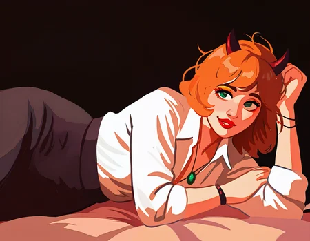by carl newman, 1girl, original, portrait, sprawled on bed, medium-hair, orange-hair, green-eyes, small-breasts, collared-shirt, long-sleeves, small-horns, brown-horns, makeup, messy-hair, skirt, pendant. bracelet, from-side, masterpiece, best quality, newest, absurdres, highres