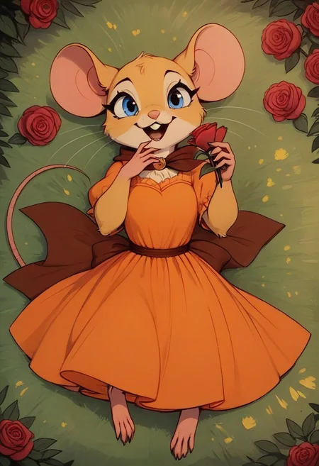 score_9, score_8_up, score_8, solo, (fluffy:0.8), (feral:0.8), outdoors, toes, furry, (((mouse))), female, blue eyes, yellow fur, yellow ears, claws, (fluffy cheeks:0.4), (short (red dress:1.2)), in the style of beatrix potter, fca style, cel-shading, lying, high angle view, happy, roses, (holding rose out to viewer)