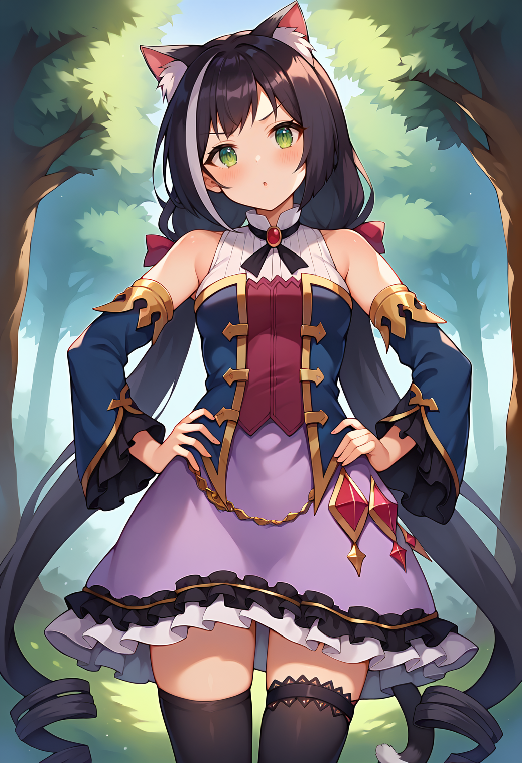 score_9, score_7_up, hd, (ultra hd quality details), source_anime, outdoors, forest,
solo, 1girl, kyarubase, streaked hair, cat ears, animal ear fluff, cat tail,
caldef, hair bow, blue bodice, sleeveless, white shirt, blue detached sleeves, purple skirt, frilled skirt, thigh strap, black thighhighs,
looking at viewer, blush, head tilt,
standing, hand on own hip, 
<lora:_karyl_elesico-pony-e19:0.9>