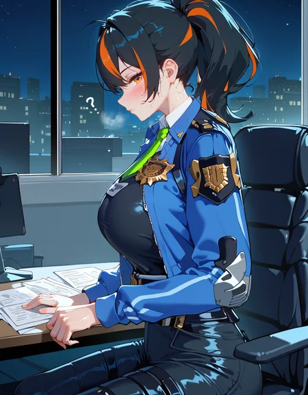 (score_9,score_8_up,score_7_up), masterpiece, best quality, Expressiveh, 1girl, orange yes, (black eyelashes),  black hair, two tone hair, streaked hair, bangs, ponytail, (cute face:), (perfect hands), shiny skin, sweat body, (big breasts), wide hips, thick thighs,
zzzzhuyuan, cropped jacket, blue jacket, green necktie, collared shirt, pants, bodysuit, uniform, police, police uniform, long sleeves, black vest, white shirt, collared shirt, green necktie, black pants, belt,
expressionless, blush, surprised, ??, (looking at viewer),
window, foggy atmosphere, dimly lit streets, glowing storefronts, night, moonlight, night sky, steam:1.4, (moon:1.2), solo,
on office, sitting on chair, (from side), drawing, office desk, office chair, papers,
<lora:Expressive_H:0.8>, <lora:zzzzhuyuan.pony:0.85>, <lora:AIã¤ã©ã¹ããããã:0.65>, <lora:QTY-Pony_DetailV2.0:0.8>,