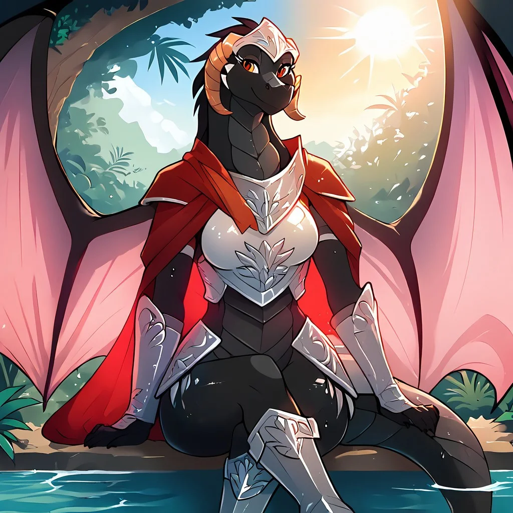 <lora:Reni-Twokinds-SDXL-AnonTK-V3:0.8>
score_9, score_8_up, score_7_up, source_furry, masterpiece, best quality, good quality, highly detailed body, absurdres, perfect body, perfect eyes, Expressiveh, detailed background, jungle, deep woods, rays of sun, 1 girl, solo female anthro dragon, perfect hands, reni-twokinds, (wet,) (wearing a fully covered knight suit complete with a silver knight body armor, silver knights breastplate, knight greaves, knight boots and a red cape. (dragon wings :1.2). wearing a knights helmet, fully covered body, wearing a breastplate, female breasts, tribal markings,
Her medium-length hair cascades down her back,
body is facing straight at the camera looking directly at the viewer, (center view), sitting_down, front body view, uncensored, smiling, soaking wet, close up full-body_portrait, medium anthro feet, spread_legs apart, crossed_legs_(sitting), crossed-legged in center of frame, visible crotch,
