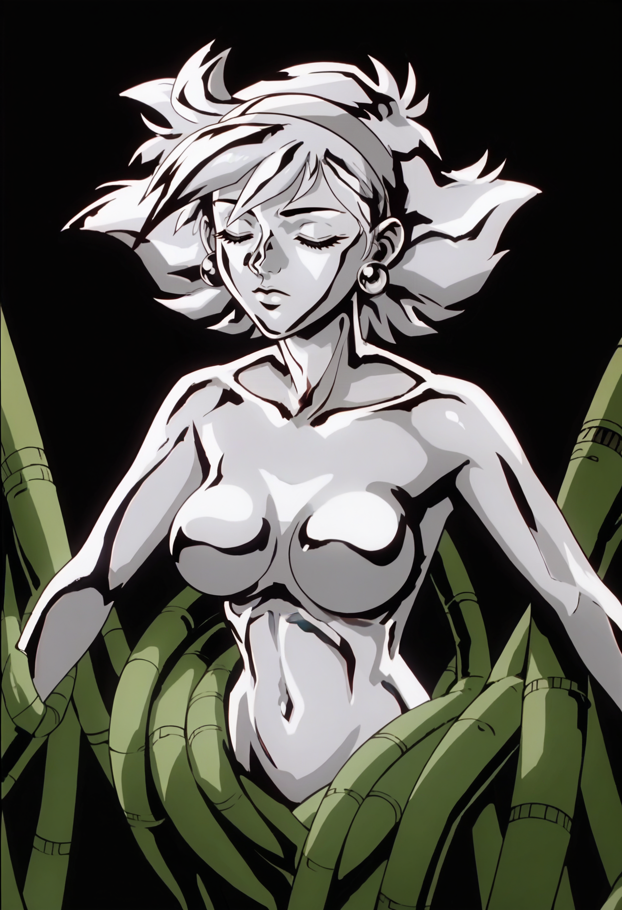 score_9, score_8_up, score_7_up, score_6_up, anime screencap, anime coloring, <lora:DGVirus:0.8>, cable, colored skin, silver skin, silver hair, breasts,
nude, navel, shiny skin, closed eyes, 
1girl, short hair, earrings, hairband, upper body, 
BREAK black background,