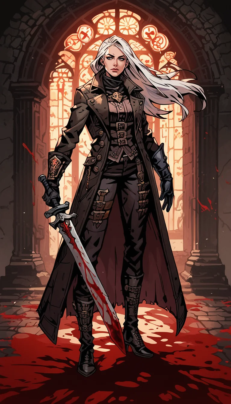 score_9, score_8_up, score_7_up, 1girl, full body shot, dynamic pose, holding sword, dark alley, church, detailed background leather coat, long coat, leather pants, , hunter gloves, hunter trausers, waist long hair, white hair, blood on clothes, <lora:Bloodborne_Hunter_set:0.5>, dark theme, low light,
<lora:Darkest_Dungeon_2_Style (1):0.8> , dd2
<lora:Expressive_H:0.5> Expressiveh