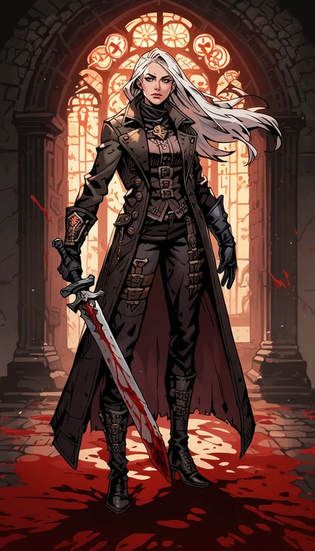score_9, score_8_up, score_7_up, 1girl, full body shot, dynamic pose, holding sword, dark alley, church, detailed background leather coat, long coat, leather pants, , hunter gloves, hunter trausers, waist long hair, white hair, blood on clothes,  <lora:Bloodborne_Hunter_set:0.5>, dark theme, low light,
 <lora:Darkest_Dungeon_2_Style (1):0.8> , dd2
 <lora:Expressive_H:0.5> Expressiveh