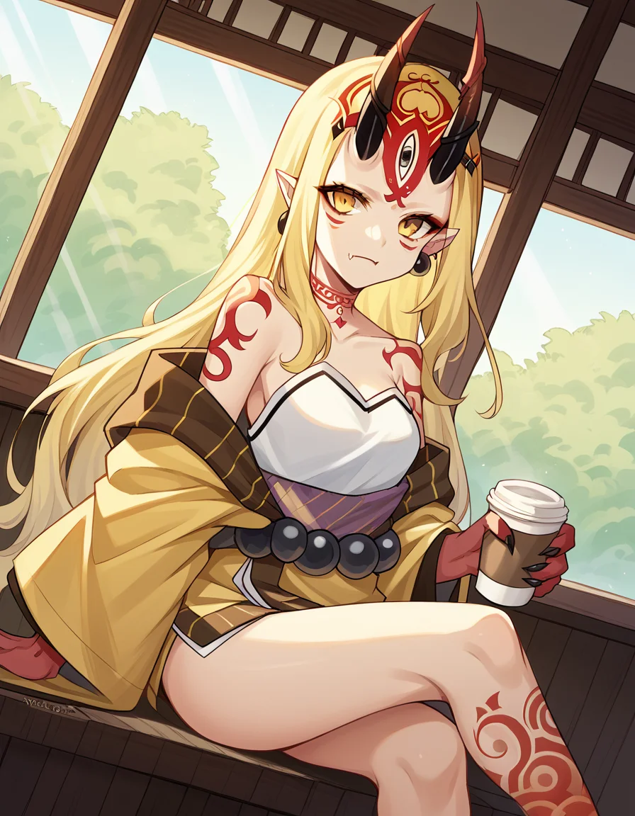 score_9, score_8_up, score_7_up, source_anime, <lora:fgo-ibaraki-douji-ponyxl-lora-nochekaiser:1>, ibaraki douji, blonde hair, facial mark, fang, forehead, horns, long hair, oni, oni horns, pointy ears, yellow eyes,, earrings, japanese clothes, jewelry, kimono, leg tattoo, neck tattoo, oni, oni horns, shoulder tattoo, tattoo, yellow kimono,, cafe, coffee cup, barista, sitting down, talking, relaxing, sunlight through window, , looking at viewer, hand behind back, elbow bent, solo,, cowboy shot, dutch angle