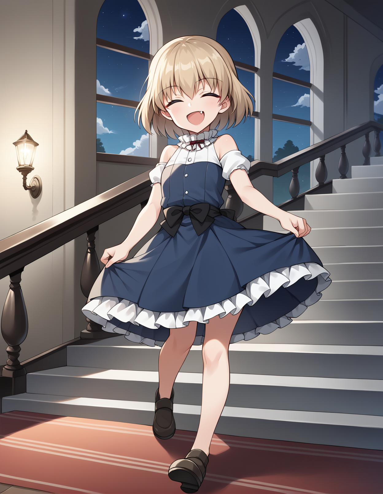 score_9, score_8_up, score_7_up, score_6_up, score_5_up, score_4_up, source_anime, rating_safe, BREAK <lora:katyushaXL_LoRA-C3Lier_AdamW_Dim8_Alpha8_UN-3e-4_TE-1.5e-4_10batch_ponyDiffusionV6XL_v6StartWithThisOne:1>, katyusha \(girls und panzer\), 1girl, blonde hair, short hair, closed eyes, fang, smile, happy, open mouth, frilled collar, center frills, bare shoulders, blue dress, waist bow, frilled dress, layered dress, layered skirt, puffy sleeves, skirt pull, facing viewer, looking at viewer, stairs, carpet, chandelier, window, night, night sky, cloud