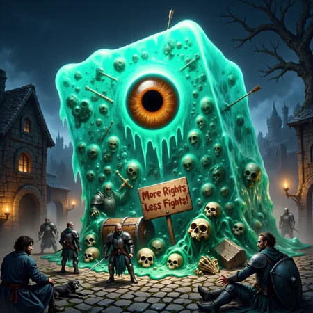 famous artwork, sfumato, epic composition following the rule of thirds, low angle view from below, extremely detailed award-winning masterwork fantasy-style oil painting of a gigantic, gooey, translucent-cyan-glowing gelatinous cube with a huge ominous and malevolent-looking orange-red eyeball sitting in the center of its front side, it is on strike in a medieval town at night, a gooey appendage extends to hold the sign with the words "MORE RIGHTS, LESS FIGHTS!" in an uneven scribbled blood red dripping paint font style, it has engulfed several skeletal remains and weapons as well as a whole treasure chest and a mysterious magic artifact, which can all still be seen floating and slowly dissolving in its transparent gel, multiple arrows are lodged in each of its sides, the townscape features cozy stone buildings, a gnarled ancient oak, and cobblestone streets, adventurers and townsfolk stand around puzzled and confused by the unusual protest and they are shrugging or scratching their heads, dim torchlight and moonlight cast long, eerie shadows across the scene, low angle view, dutch angle, highly detailed background, hud_dr1ppy, <lora:gelatinous_cube-flux-by_oneviolentgentleman:0.96> <lora:dripping_font-flux-by_headupdef:1.0>