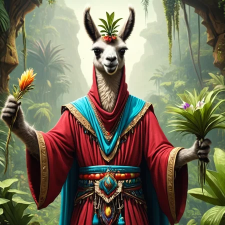 ultra-fine digital painting of a <lora:anthro_muscular:0.7> anthro Llama (Holding a prop confidently) at Jungle planet with levitating flora, super detail, ultra-realism, <lora:xl_more_art-full_v1:0.3>, <lora:madpunk:0.6> madpunk