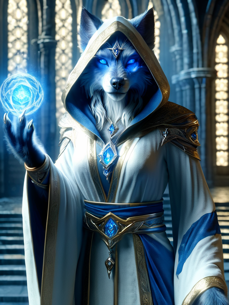worgen, female worgen, cleric worgen, cleric clothing, wearing a white gold and blue robe, with hood, blue eyes, in front of stainless glass, casting a blue spell in right paw <lora:wowrgen-sdxl:1>
