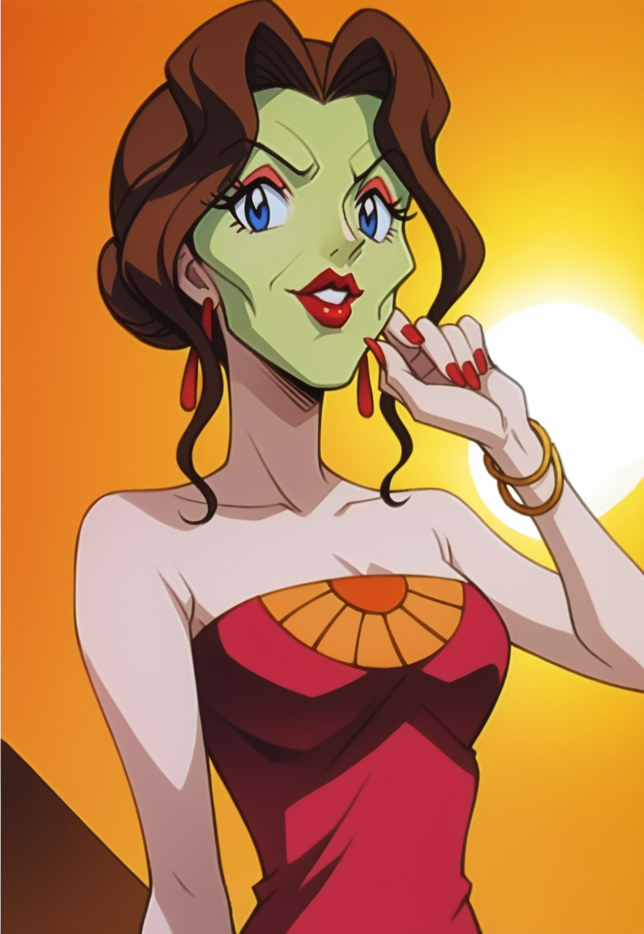 safe_pos, score_9, score_8_up, score_7_up, score_6_up, <lora:PMSAL:0.9> source_anime, PokemonStyle, anime screenshot, official art,
full body, bizarre, (PMSAL|she mask, the mask, (green face|green rubber face), green mask, green skin),
BREAK
big eyes:1.2, makeup, long eyelashes, high cheekbones:1.22, cleft chin:1.12, thick lips, red lipstick
BREAK
brown hair, single hair bun, low hair bun, bangs, sidelocks, lipstick, blue eyes, breasts, nail polish,
earrings, strapless dress, red dress, bracelet, feather boa, red high heels,
looking at viewer, facing viewer, armpits, from below, upper body, close-up, 
BREAK indoors, blue sky, day, sunlight, on yacht, party,