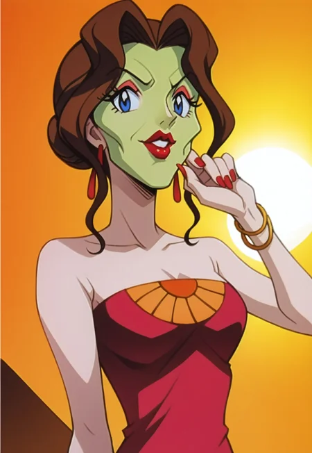 safe_pos, score_9, score_8_up, score_7_up, score_6_up, <lora:PMSAL:0.9> source_anime, PokemonStyle, anime screenshot, official art,
full body, bizarre, (PMSAL|she mask, the mask, (green face|green rubber face), green mask, green skin),
BREAK
big eyes:1.2, makeup, long eyelashes, high cheekbones:1.22, cleft chin:1.12, thick lips, red lipstick
BREAK
brown hair, single hair bun, low hair bun, bangs, sidelocks, lipstick, blue eyes, breasts, nail polish,
earrings, strapless dress, red dress, bracelet, feather boa, red high heels,
looking at viewer, facing viewer, armpits, from below, upper body, close-up,
BREAK indoors, blue sky, day, sunlight, on yacht, party,