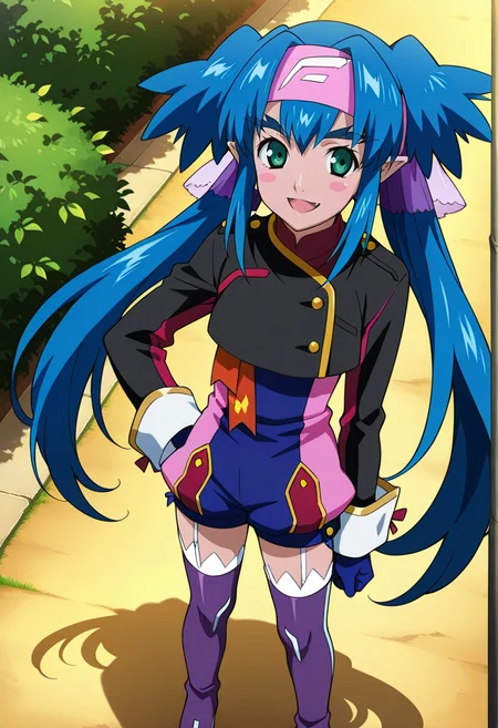 park, trees, flowers,
BREAK,
open smile, blush stickers, looking at viewer, 
full body, dynamic angle, hand on hip,
BREAK,
<lora:klan_illustriousXL_v01:1>
klan klein, klandef, pointy ears, dark skinned female, blue hair, green eyes, pink bandana, twintails, very long hair, hair ornament, 
military uniform, sleeve cuffs, unitard, cropped jacket,  puffy shorts
thighhighs, thigh strap, thigh boots,, source_anime, very aesthetic, anime coloring, masterpiece, 
best quality, amazing quality, ultra detailed, very aesthetic, 
detailed background, 
BREAK,