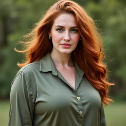 wavy red hair. She has a fair complexion and a scattering of freckles across her cheeks and nose. She is wearing a light cream-colored button-up shirt with a relaxed fit, dark green silk blouse that has a glossy sheen, flowing, confident smile., krasinafoxx. The image is a high-resolution photograph featuring a woman with striking features and a confident pose. She has long, with a natural, likely a park or garden