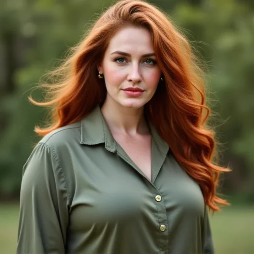 wavy red hair. She has a fair complexion and a scattering of freckles across her cheeks and nose. She is wearing a light cream-colored button-up shirt with a relaxed fit, dark green silk blouse that has a glossy sheen, flowing, confident smile., krasinafoxx. The image is a high-resolution photograph featuring a woman with striking features and a confident pose. She has long, with a natural, likely a park or garden