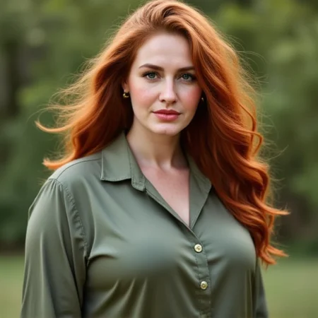 wavy red hair. She has a fair complexion and a scattering of freckles across her cheeks and nose. She is wearing a light cream-colored button-up shirt with a relaxed fit, dark green silk blouse that has a glossy sheen, flowing, confident smile., krasinafoxx. The image is a high-resolution photograph featuring a woman with striking features and a confident pose. She has long, with a natural, likely a park or garden