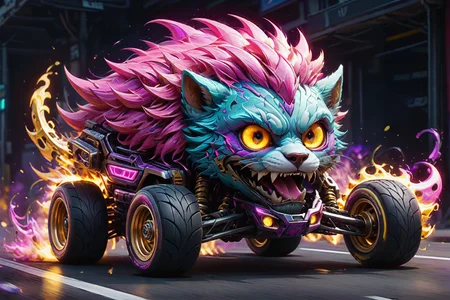 cute druidic zkeleton mecha cat-car drifting like a eurovision monster truck street racer, neon turbo, perfect perspective automotive style shot, gold, pink, purple, worn fractal tyres disintegrating into digital light pizels