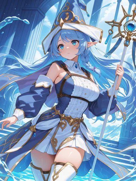 water enchantress of the temple, blue witch hat, witch dress, blue detached sleeves, white thighhighs, 1girl, solo, water, holding staff, indoor, staff, blue theme
masterpiece,best quality,amazing quality,very aesthetic,absurdres,newest,<lora:Water Enchantress of the temple illuXL v1.1:0.7>,
