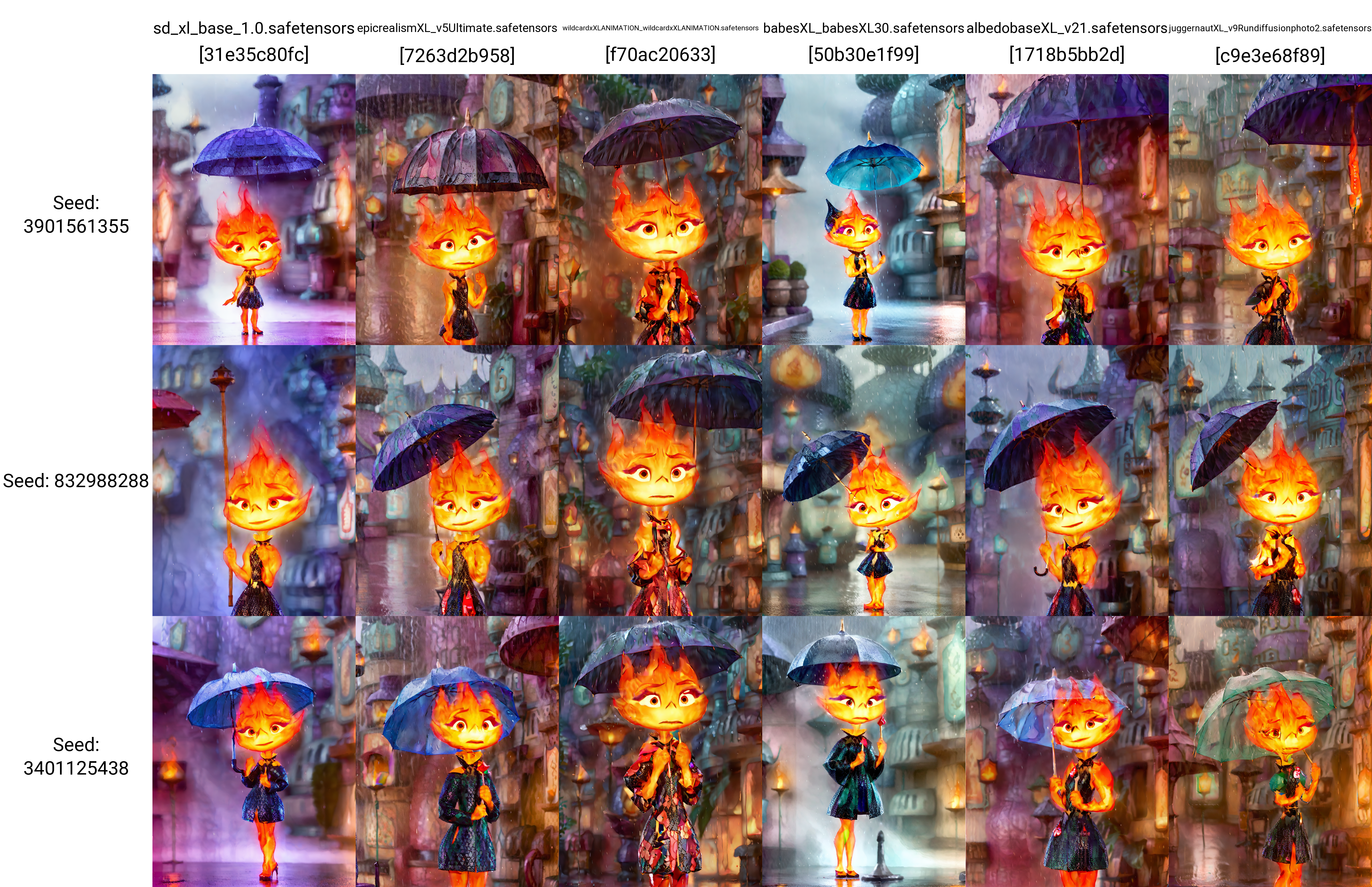 a picture of disney studio Ember holding an umbrella at rain  <lora:Ember:1>