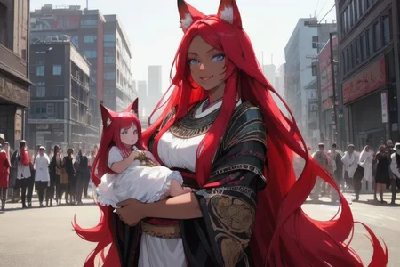 (masterpiece, best quality:1.5), (ultra realistic:1.5), (8k uhd, very high quality:1.2), (extremely detailed face:1.5), (fox ears:1.5), (tall mother surrounded by countless numbers of her extremely young and short daughters that fill the background:1.5), (tall woman surrounded by innumerable extremely young and short girls that fill the background:1.5), (very dark skin and tall Egyptian-Japanese woman holding a baby and surrounded by her endless horde of extremely young and short daughters that fill the background:1.5), (countless extremely young and short girls with their mother:1.5), (smile:1.5), (intricate detail:1.5), (barefoot:1.5), (amazingly bright blue eyes:1.5), (absurdly long ruby red hair:1.5), (super long ruby red hair:1.5), (city background:1.5)