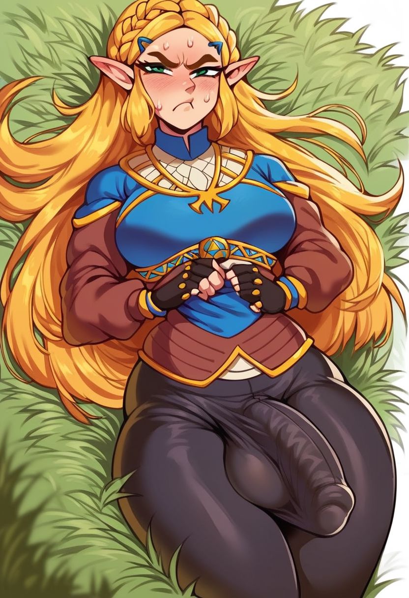 score_9, score_8_up, score_7_up, score_6_up, score_5_up, score_4_up, 
Zelda from Breath of the Wild, (Sunny, Lush Fields, Grassy setting) futanari, big testicles, girthy penis, penis bulge, large breasts, staring at Sheikah Slate, sweating slightly, bulge in black tights, annoyed face, no blush, looking away from viewer,