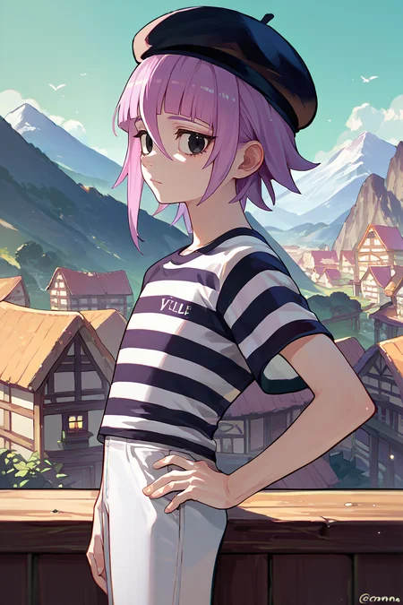 score_9, score_8_up, score_7_up, score_6_up, source_anime, solo,  <lora:crona-pdxl-nvwls-v1-000005:1> crona, purple hair, short hair, black eyes, black and white striped t-shirt, black beret, white pants, hand on hip, from side, looking at you, village, mountain, countryside