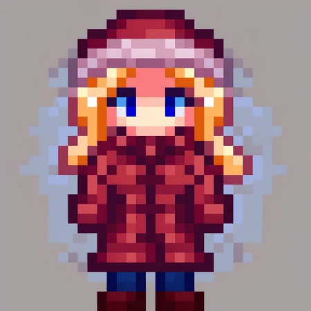 blonde hair, blue eyes, 1girl, solo, pixel art, 16bit, front facing, winter clothes, full body, white background, simple background