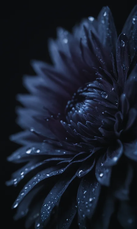 A macro photograph capturing the intricate details of a black dahlia. The image showcases the delicate tender velvety texture, subtle color gradients, and tiny transparent droplets of dew. Shot with a Canon EOS 5D Mark IV, 100mm f/2.8L Macro IS USM lens, f/8 aperture, 1/250 sec shutter speed, ISO 400. Focus on the petalâs edge with a shallow depth of field, soft artistic double light and a dark background to highlight the subject. Masterpiece, by Annie Leibovitz , high resolution detail, studio photo quality
