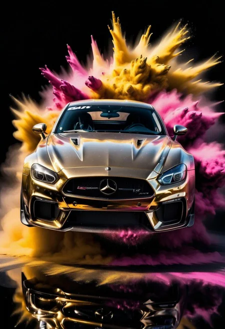 GOLD LIQUID METAL sports car, race car, racing through SILVER LIQUID METAL, liquid metal sprays up from the cars tyres, Car drifting in a black void, huge Colorful Powder Explosion above the car