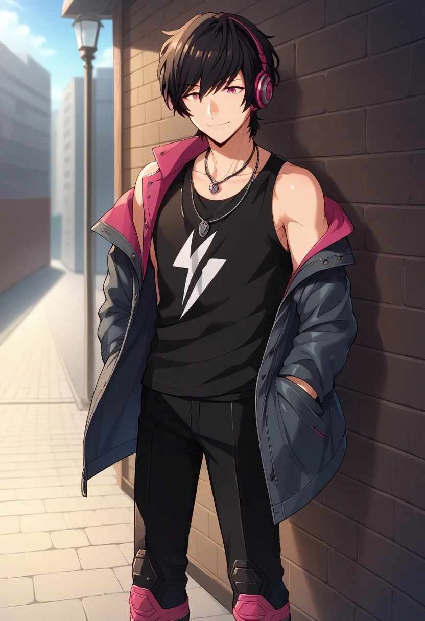 score_9, score_8_up, score_7_up, source_anime, highly detailed,
faithbeams, 1boy, male focus, solo, headphones, black hair, shirt, jacket, pink eyes, necklace, jewelry, upper body, hand in pocket, smile, black shirt, looking at viewer, pants, hood, black pants, boots, knee boots, off shoulder,
outdoor,