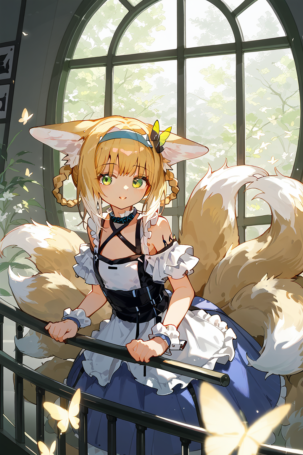 score_9,score_8_up,score_7_up,<lora:linlan(Arknights)-v1:1>,linlan(Arknights),1girl,seductive_smile,cute face,japanese aesthetic,maid,different clothes from the original,whole body,curvy,fox_shadow_puppet,very beautiful,animal ears,blonde hair,1girl,animal ears,tail,fox tail,fox ears,solo,green eyes,blonde hair,stairs,fox girl,looking at viewer,hairband,braid,multiple tails,butterfly,bare shoulders,window,hair rings,railing,bangs,multicolored hair,kitsune,blue hairband,parted lips,tree,wrist cuffs,looking to the side,white_background,foreshortening,incredibly absurdres,Cinematic Lighting,