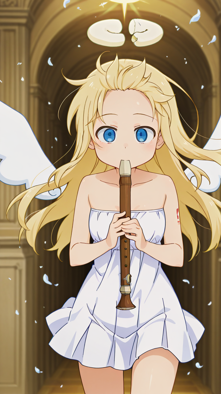 masterpiece, best quality, amazing quality, very aesthetic, absurdres, newest, anime screencap, <lora:crimvaelILM:1>, crimvael, androgynous, halo, broken halo, blonde hair, angel, long hair, blue eyes, angel wings, white wings, 1other, other focus, <lora:kaai yuki_kyoufuu all back_IllustriousXL_epoch-000099:1>, sketch, (floating hair:1.3), instrument, holding, playing instrument, flute, holding instrument, holding flute, kyoufuu all back (vocaloid), marching, bangs blown up, music, wind, forehead, solo,