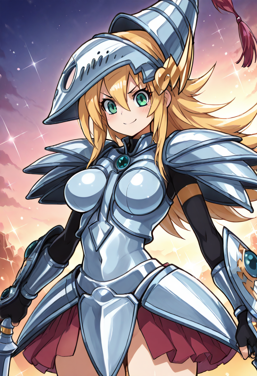 (masterpiece, best quality, good quality, very aesthetic, absurdres, newest:1.2), (curvy, medium breasts),  zzDMGDragonKnight, green eyes, long hair, blonde hair, hair between eyes, armor, helmet,  , <lora:DarkMagicianGirlDragonKnight_NAI:1.0>,, smile, looking at viewer, cowboy shot,  <lora:HaradaTakehito_NAI:0.8>, <lora:ZankuroStyle_NAI:0.5>,