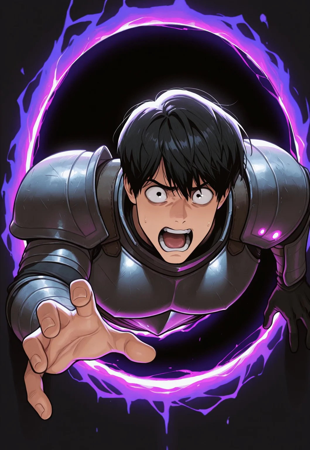 masterpiece,best quality,amazing quality, 1boy, solo. man leaning forward, bent over, stuck in large glowing portal, reaching towards viewer, chest out, head out, one arm out, wide-eyed, worried, shouting. he has black hair, black eyes. he wears armor. black background